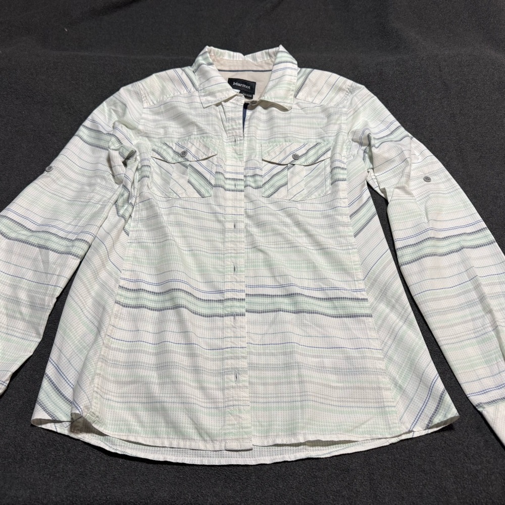 Marmot Casual White and Green Striped Shirt